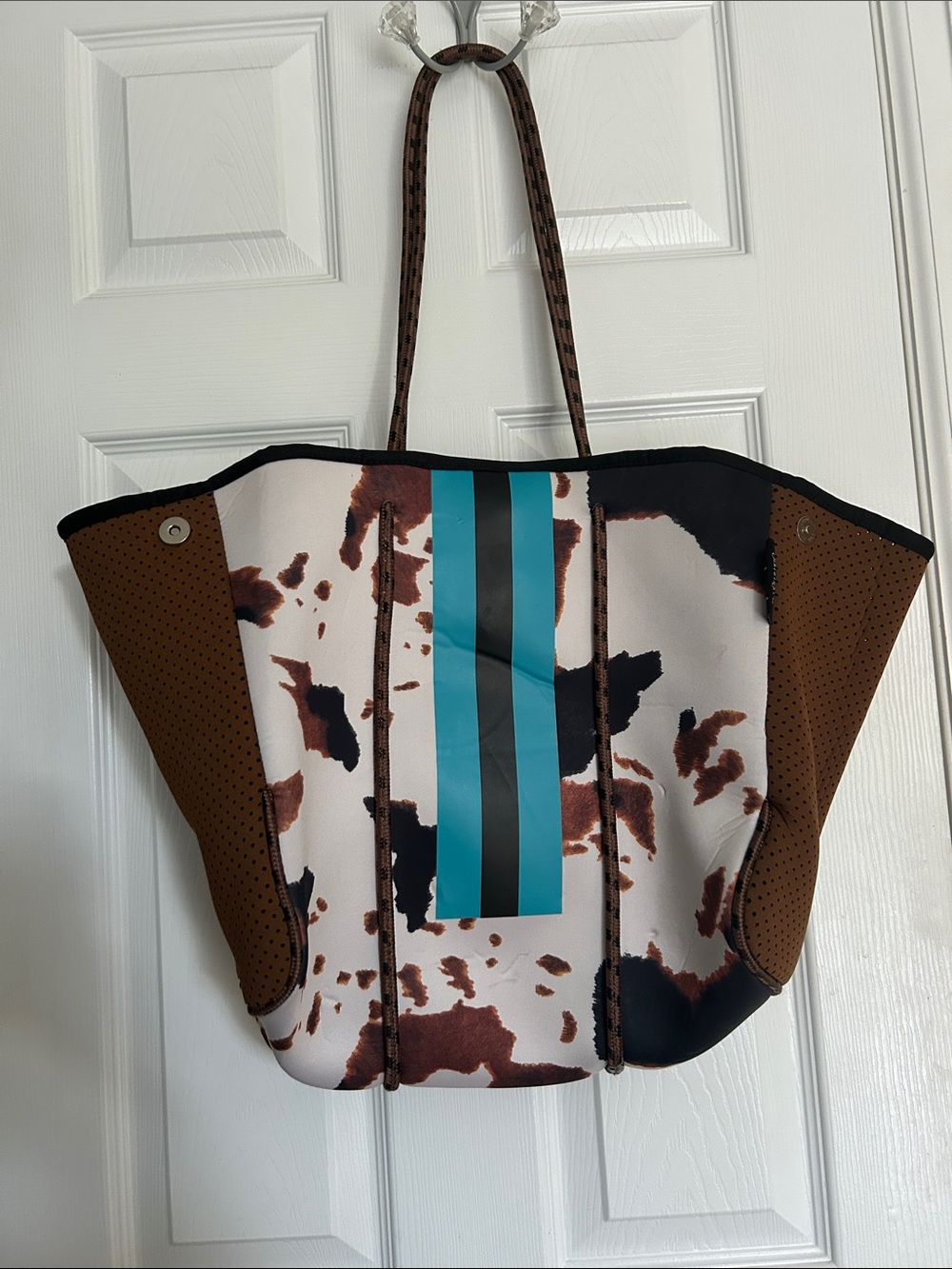 Girlie girl Originals Tote Brown Cowhide-Print Tote with Teal Stripe